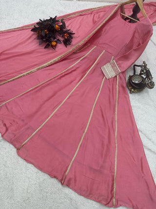 Amazing Coding Lace Work Dusty Pink Color Gown