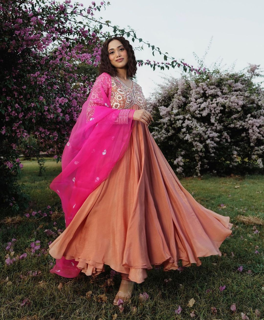 Embroidery Work Peach Color Gown With Dupatta