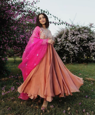 Embroidery Work Peach Color Gown With Dupatta