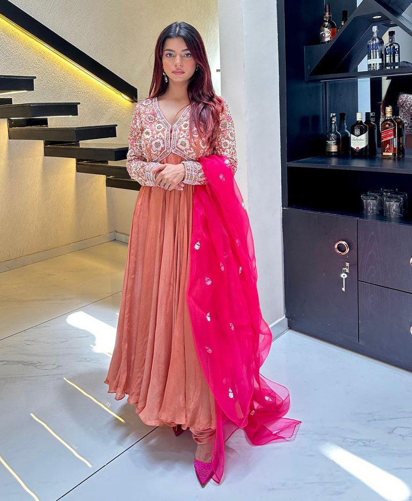 Embroidery Work Peach Color Gown With Dupatta