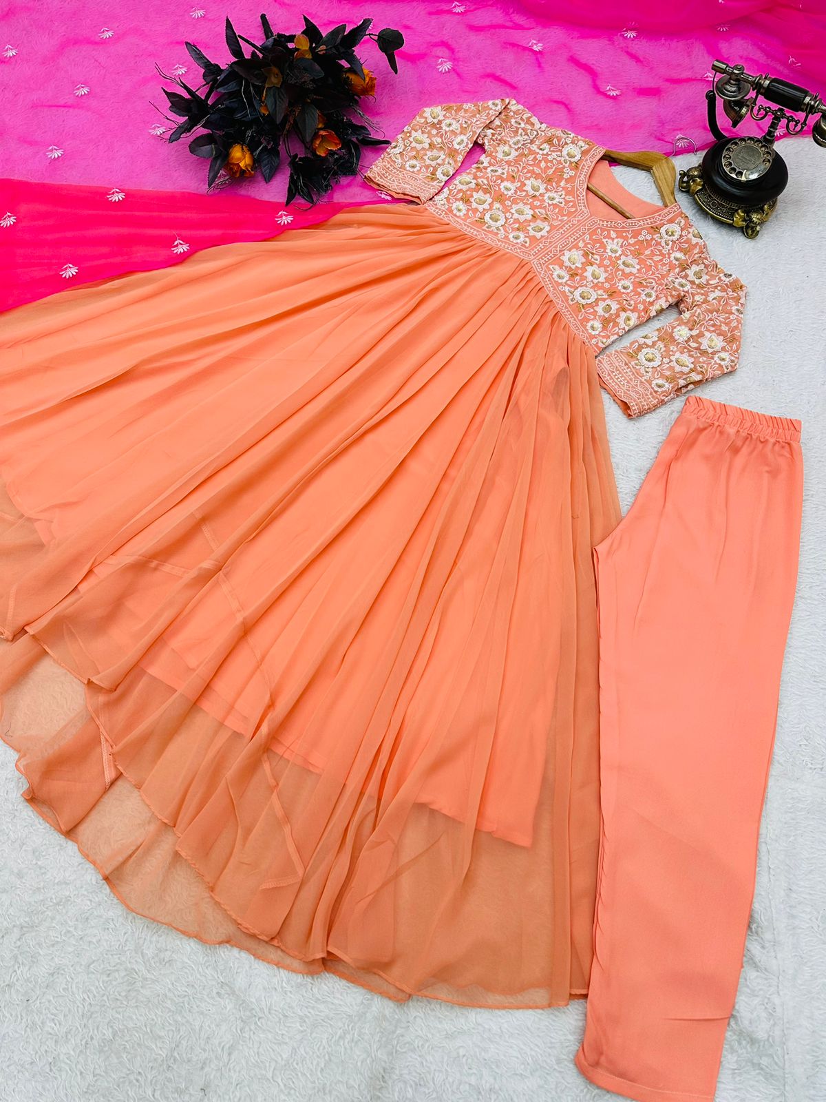 Embroidery Work Peach Color Gown With Dupatta