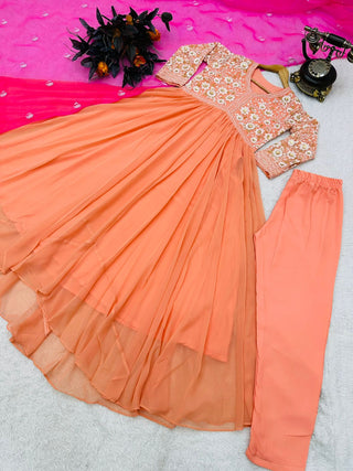 Embroidery Work Peach Color Gown With Dupatta
