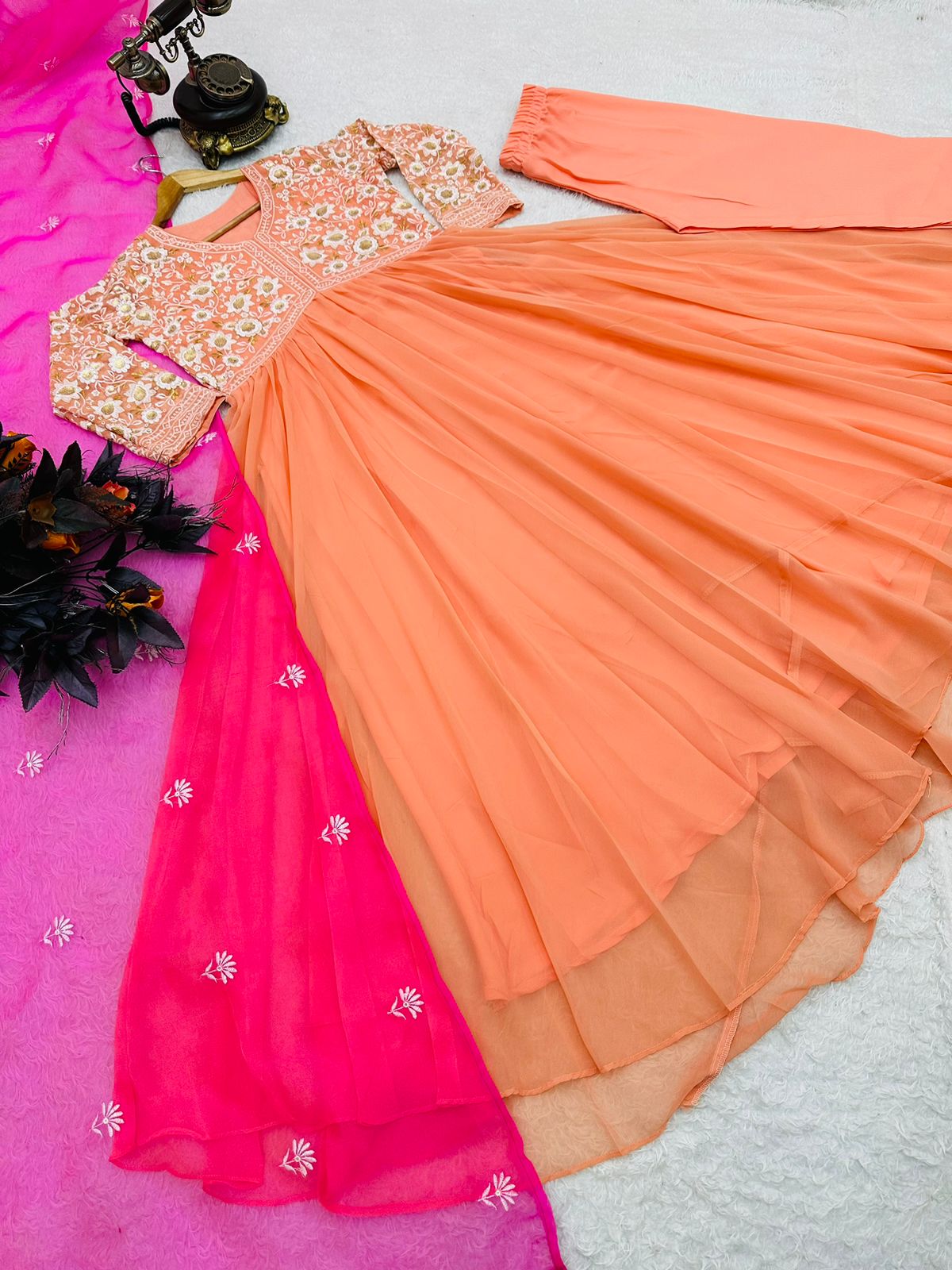 Embroidery Work Peach Color Gown With Dupatta