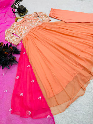 Embroidery Work Peach Color Gown With Dupatta