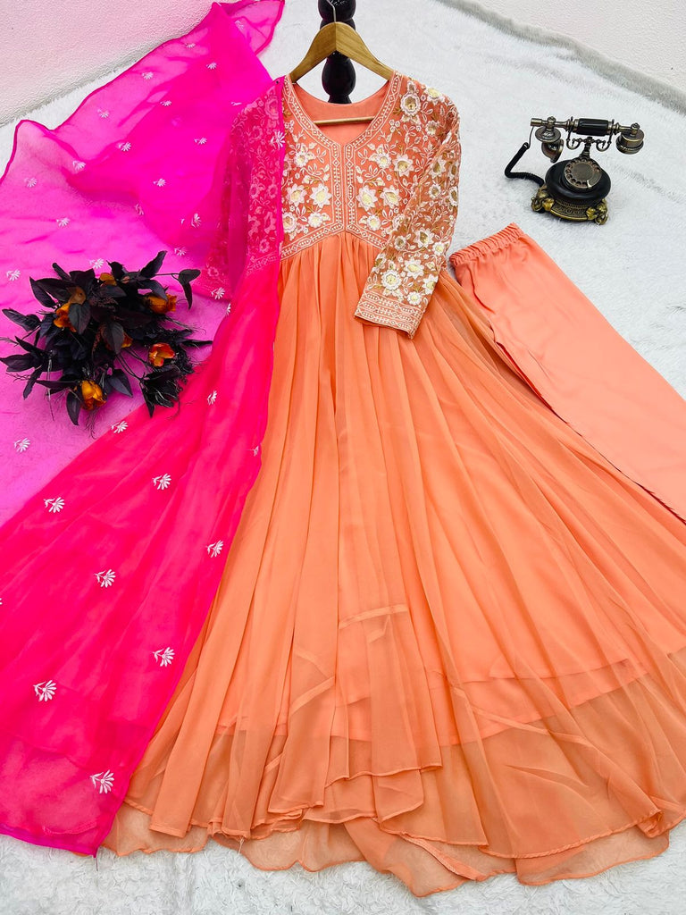 Embroidery Work Peach Color Gown With Dupatta
