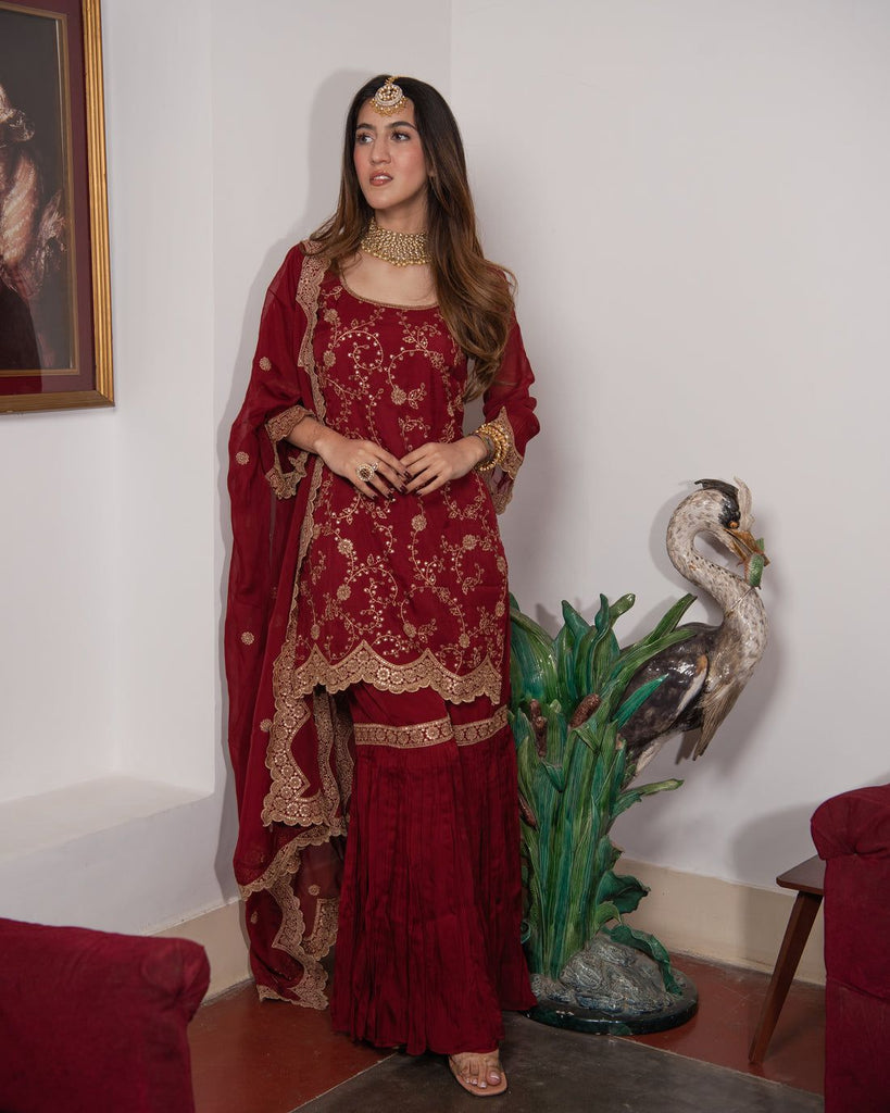 Glimmering Maroon Color Embroidery Work Sharara Suit
