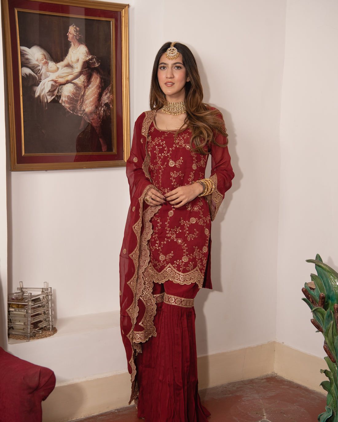 Glimmering Maroon Color Embroidery Work Sharara Suit Main image