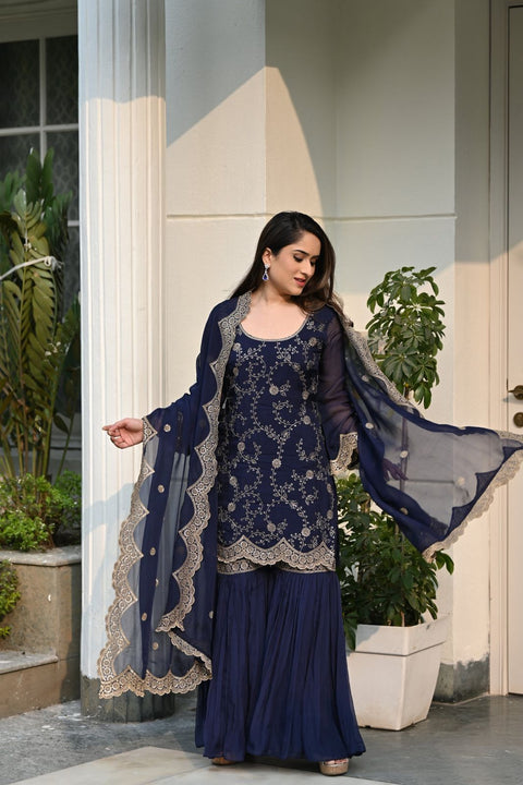 Glimmering Navy Blue Color Embroidery Work Sharara Suit Main image