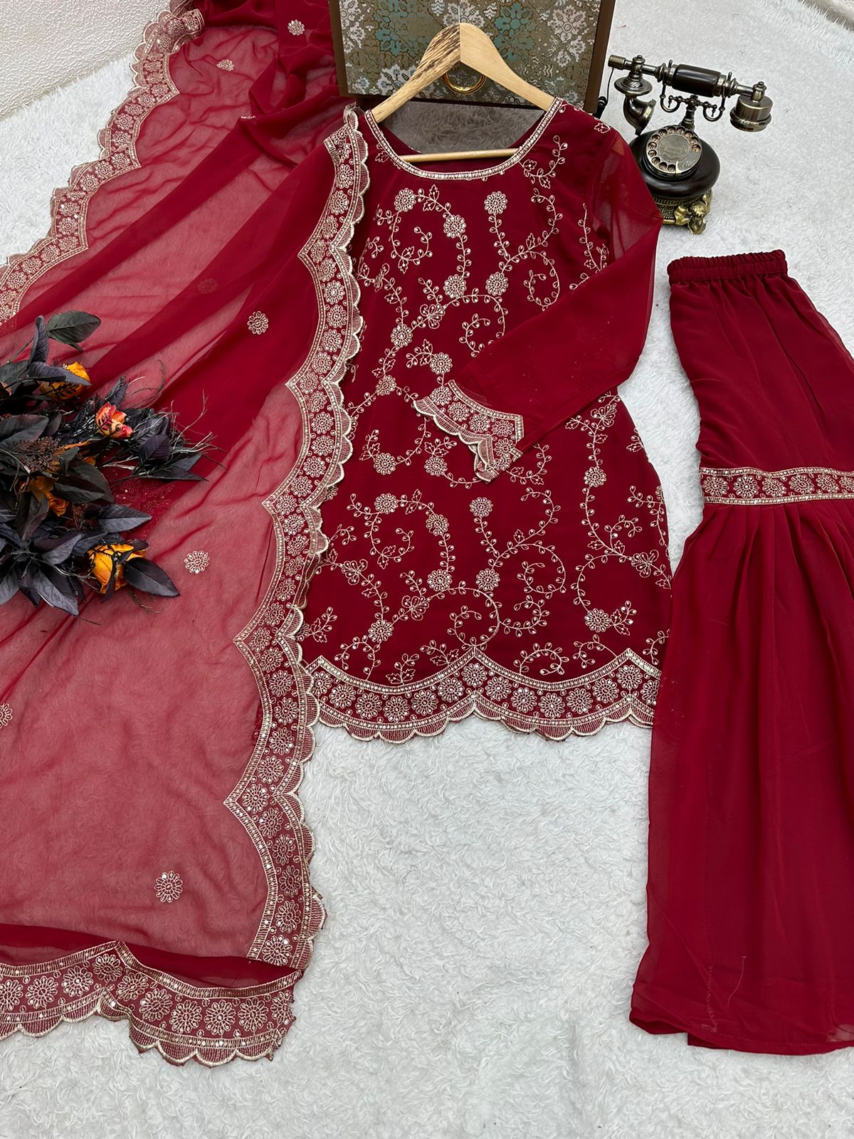 Glimmering Maroon Color Embroidery Work Sharara Suit