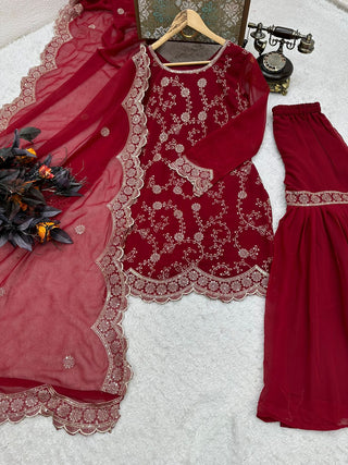 Glimmering Maroon Color Embroidery Work Sharara Suit