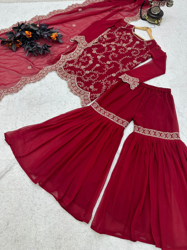 Glimmering Maroon Color Embroidery Work Sharara Suit