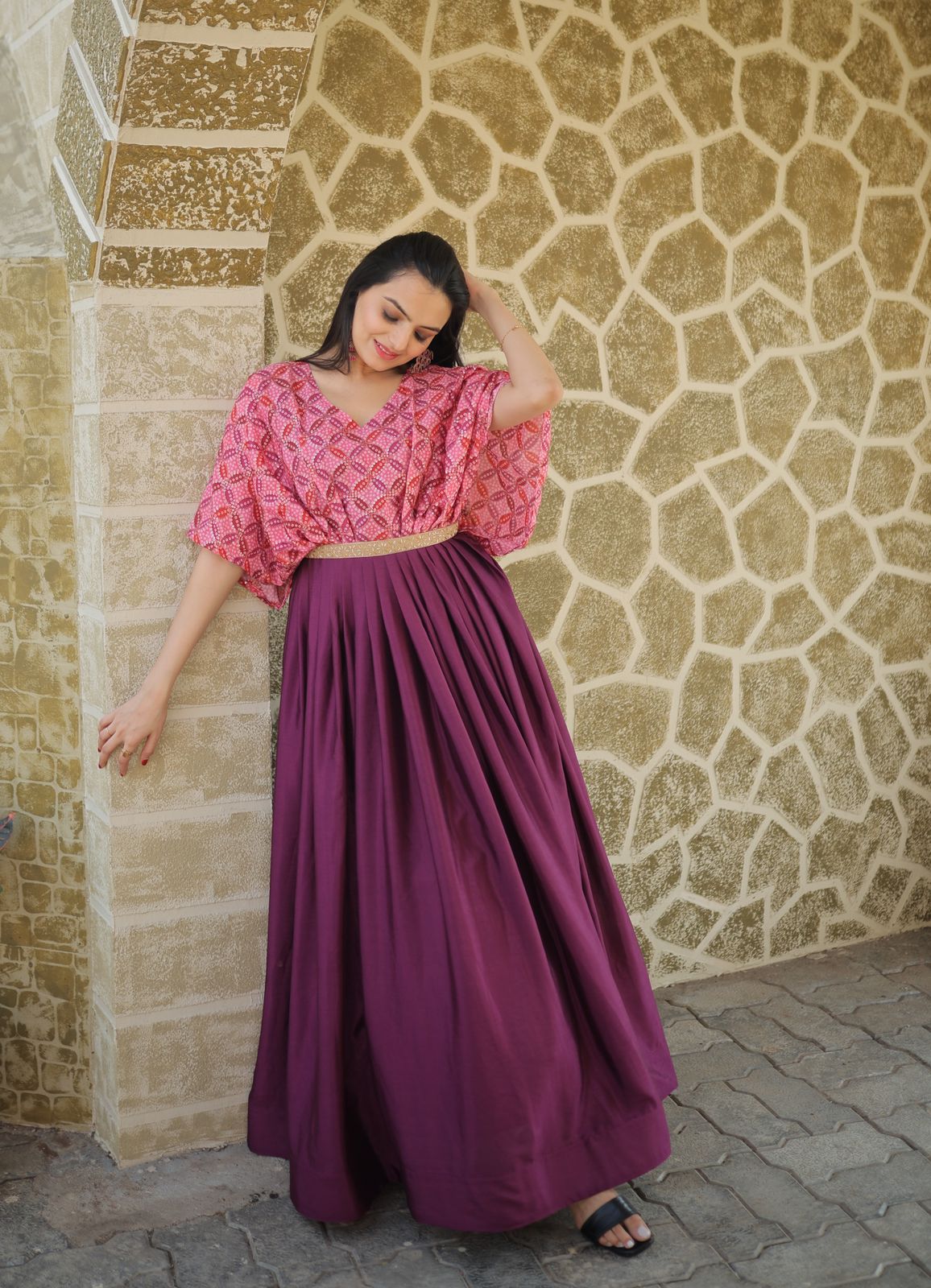 Occasion Wear Sequins Work Wine Color Printed Gown Clothsvilla