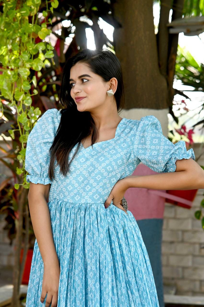 Beautiful Crush Pleating Blue Designer Gown Clothsvilla