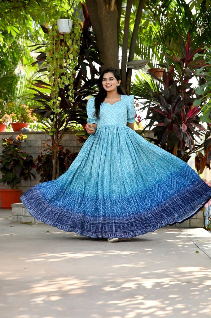 Beautiful Crush Pleating Blue Designer Gown Clothsvilla