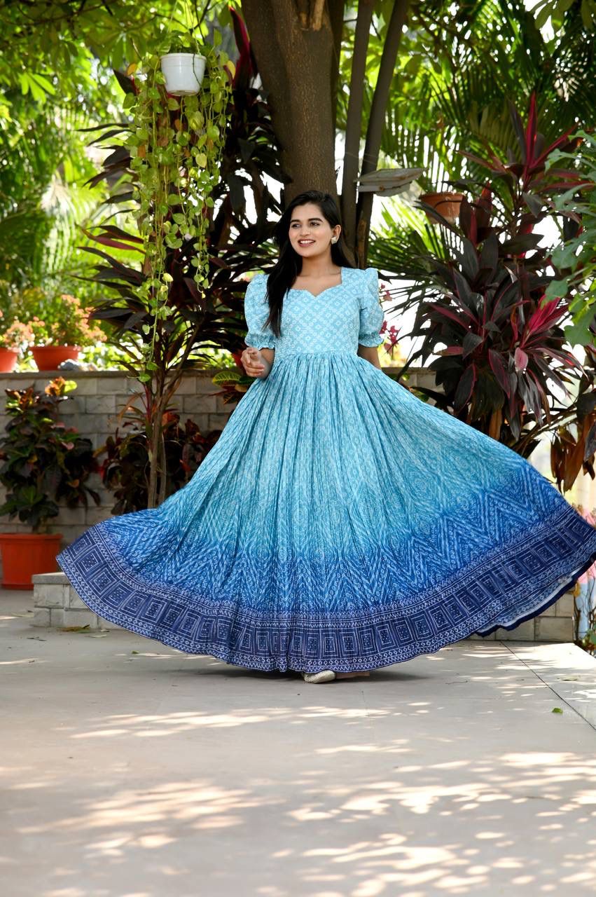 Beautiful Crush Pleating Blue Designer Gown - Clothsvilla