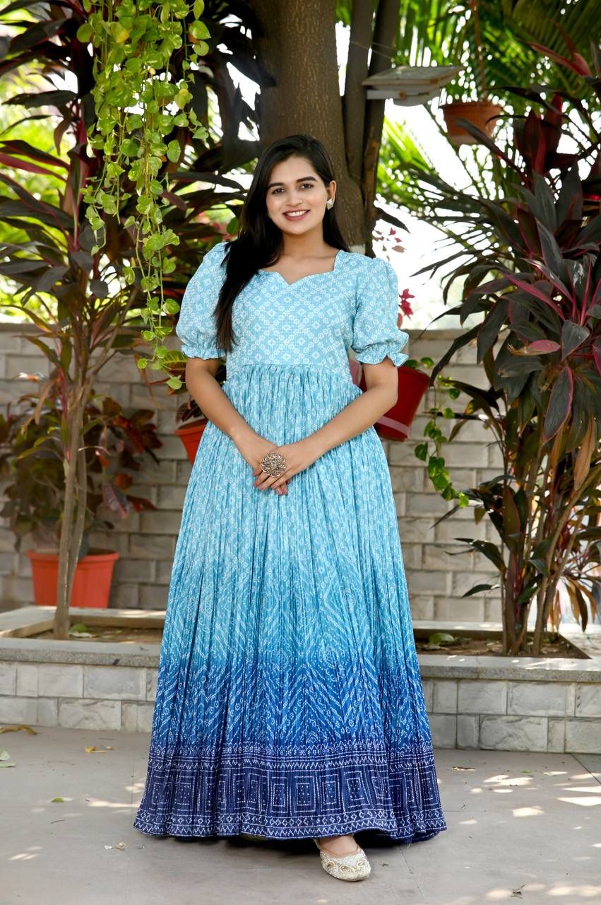 Beautiful Crush Pleating Blue Designer Gown Clothsvilla