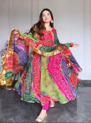 Good Looking Multi Color Print With Lacs Work Gown