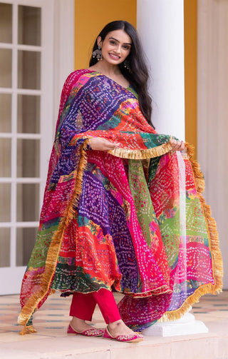 Good Looking Multi Color Print With Lacs Work Gown
