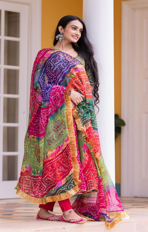 Good Looking Multi Color Print With Lacs Work Gown Main image