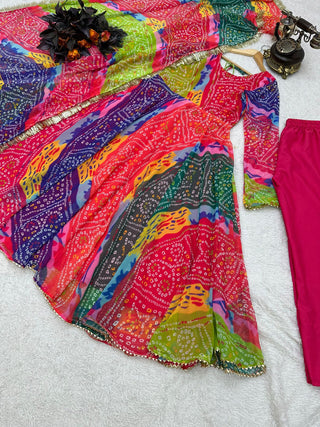 Good Looking Multi Color Print With Lacs Work Gown