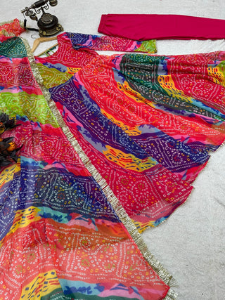 Good Looking Multi Color Print With Lacs Work Gown