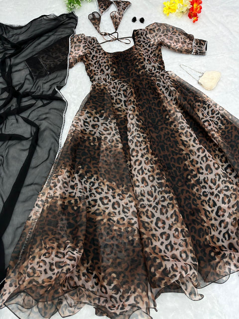 Digital Printed Brown Color Fairy Look Gown Main image