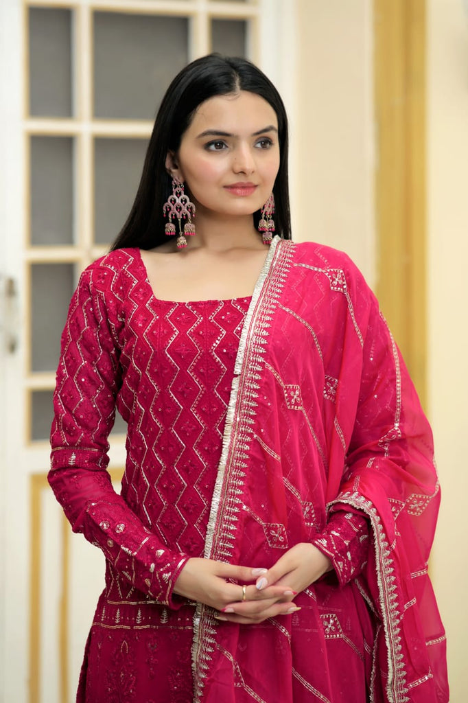 Stylish Embroidered Work Pink Color Sharara Suit