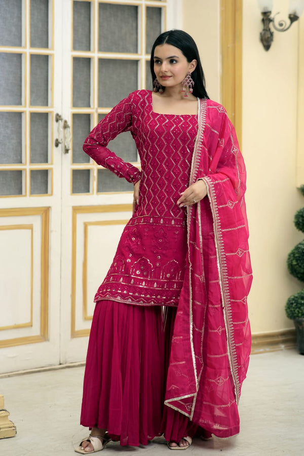 Stylish Embroidered Work Pink Color Sharara Suit