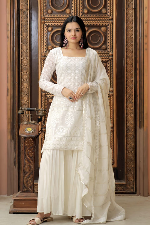 Stylish Embroidered Work White Color Sharara Suit Main image