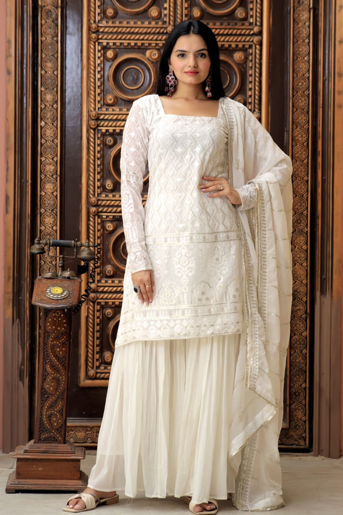 Stylish Embroidered Work White Color Sharara Suit