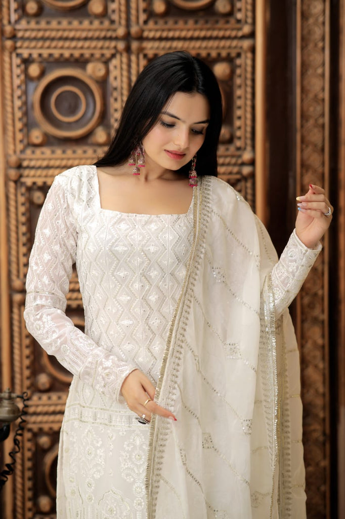 Stylish Embroidered Work White Color Sharara Suit