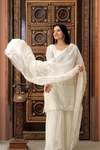 Stylish Embroidered Work White Color Sharara Suit