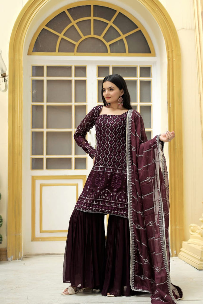 Stylish Embroidered Work Wine Color Sharara Suit