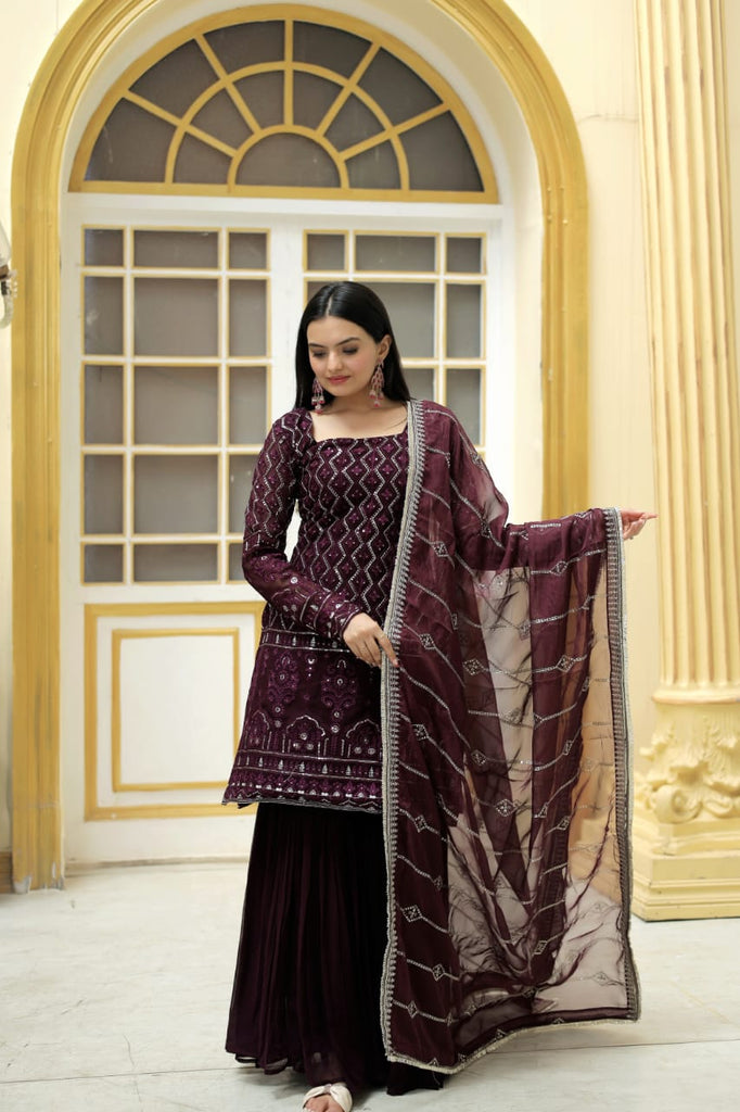 Stylish Embroidered Work Wine Color Sharara Suit