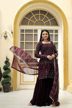 Load image into Gallery viewer, Stylish Embroidered Work Wine Color Sharara Suit