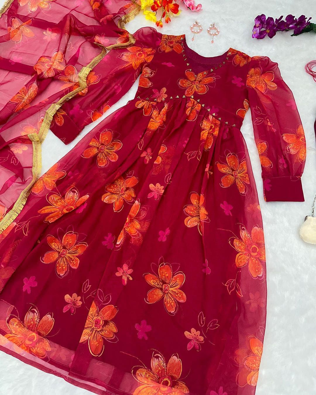 Maroon Handwork Fully Stitched Gown