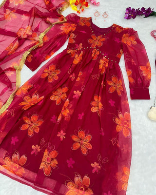 Maroon Handwork Fully Stitched Gown