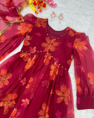 Maroon Handwork Fully Stitched Gown