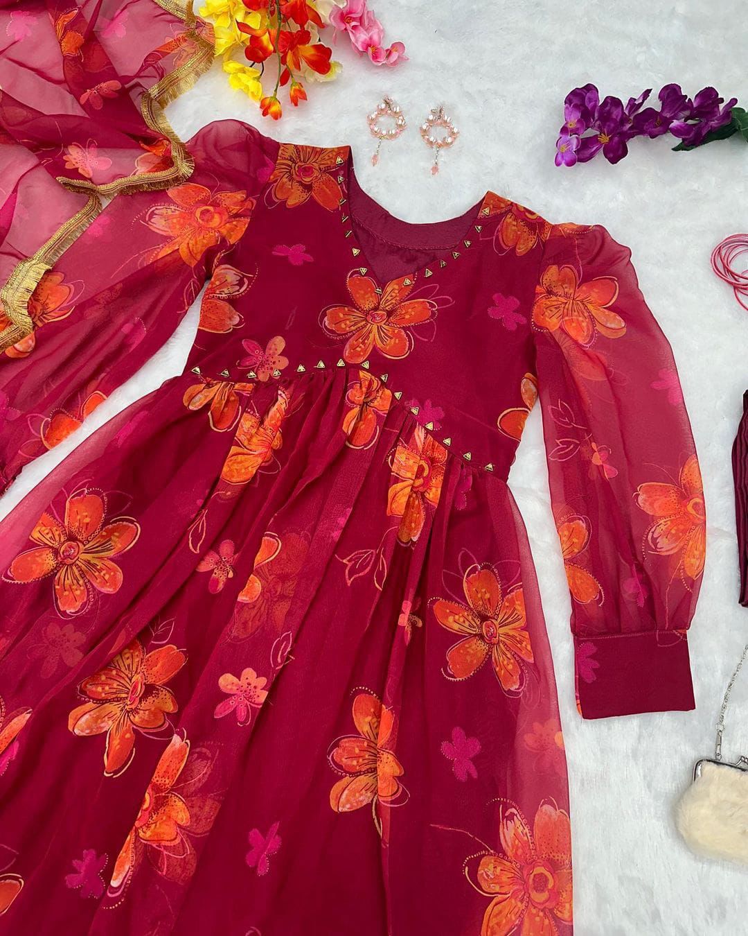 Maroon Handwork Fully Stitched Gown