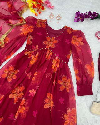Maroon Handwork Fully Stitched Gown