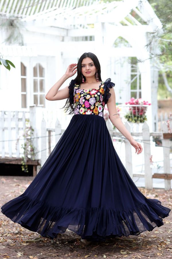 Party Wear Navy Blue Color Embroidered work Gown Clothsvilla