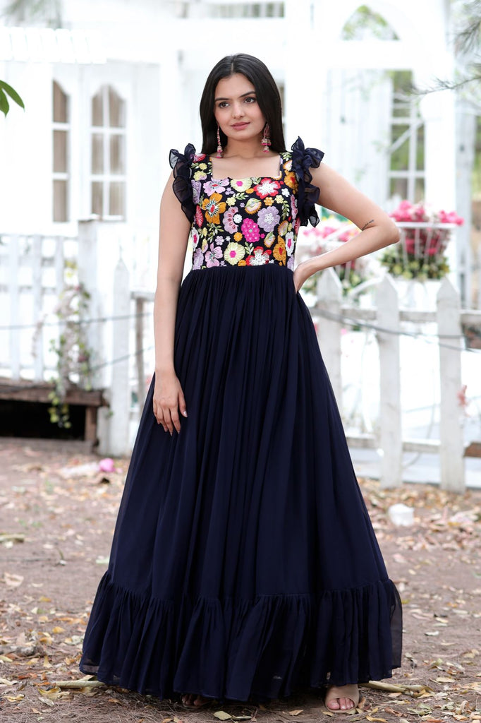 Party Wear Navy Blue Color Embroidered work Gown Clothsvilla
