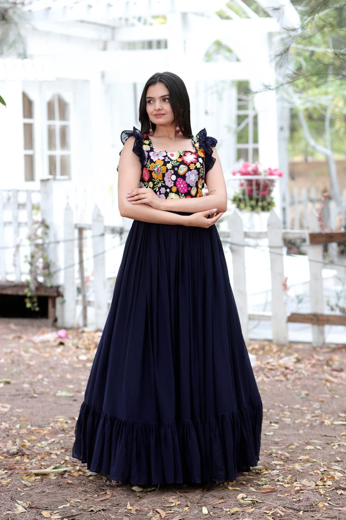 Party Wear Navy Blue Color Embroidered work Gown Clothsvilla
