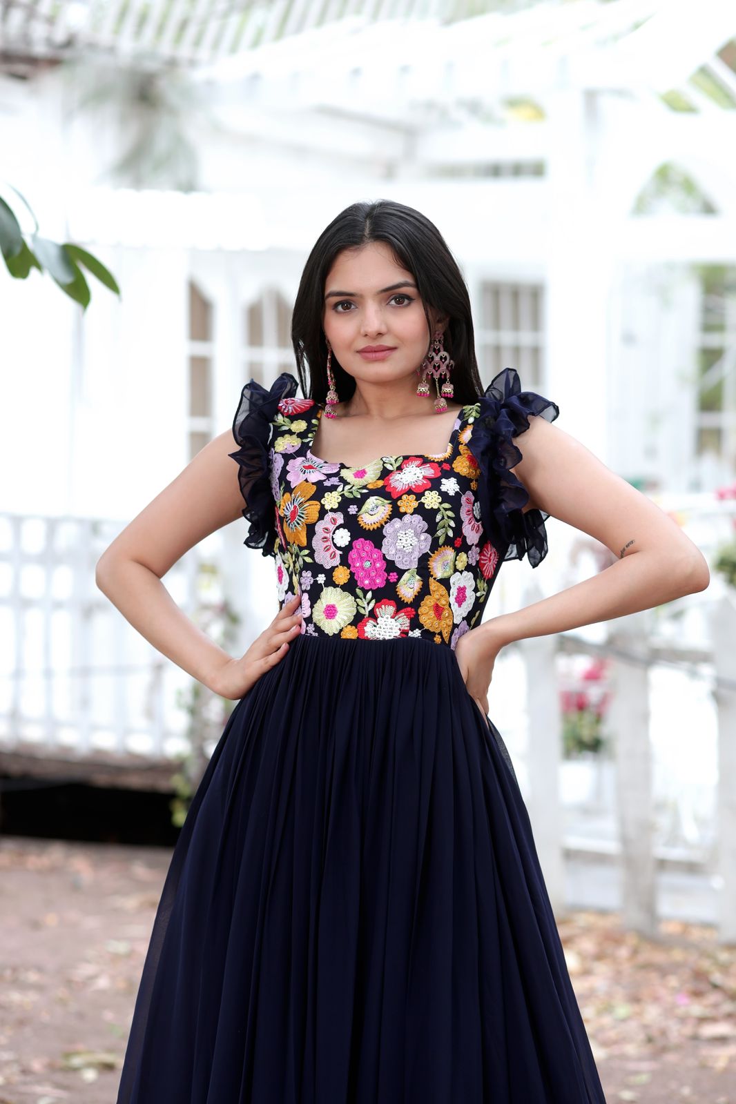 Party Wear Navy Blue Color Embroidered work Gown Clothsvilla