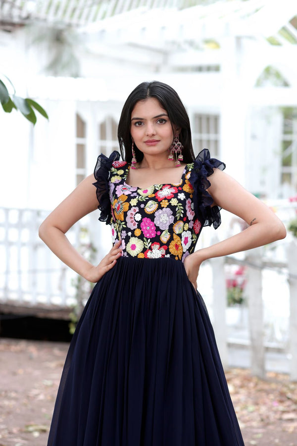 Party Wear Navy Blue Color Embroidered work Gown Clothsvilla