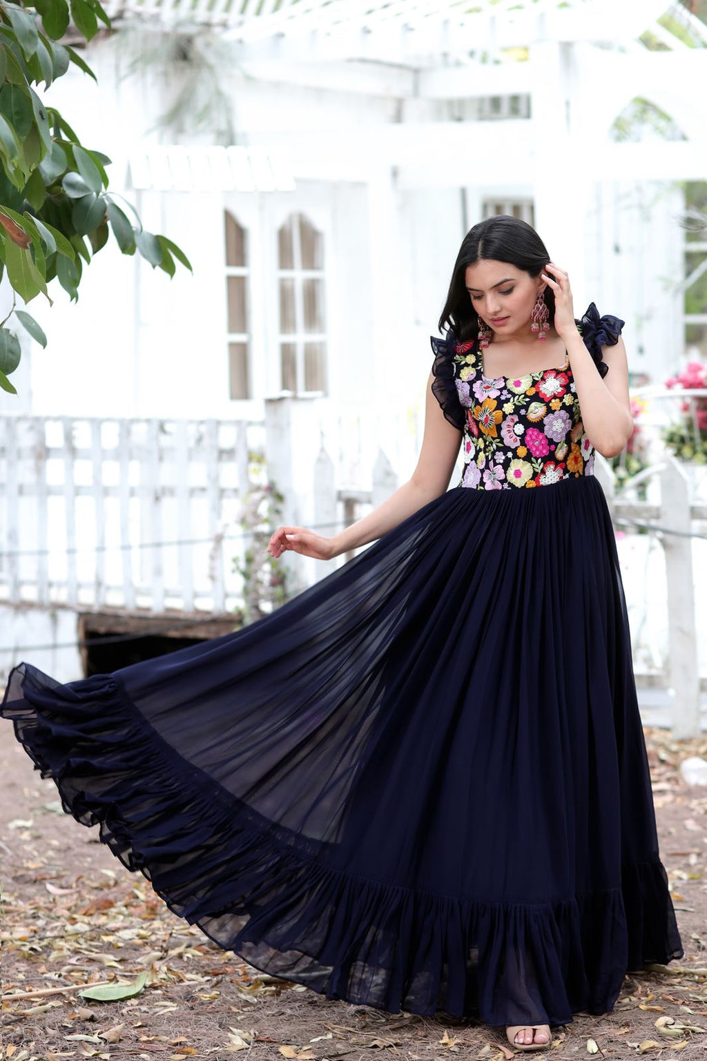 Party Wear Navy Blue Color Embroidered work Gown Clothsvilla