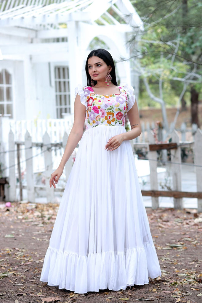 Party Wear White Color Embroidered work Gown Clothsvilla