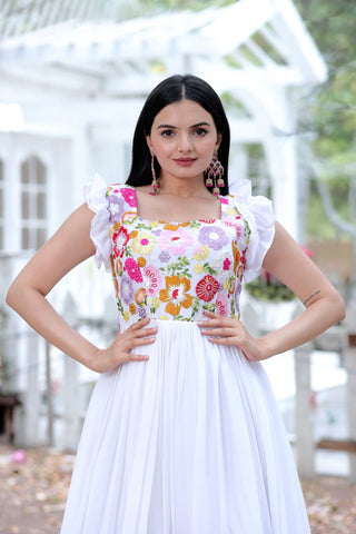 Party Wear White Color Embroidered work Gown Clothsvilla