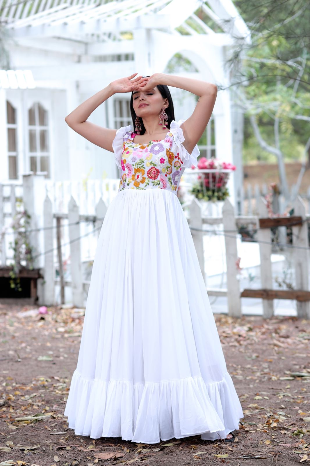Party Wear White Color Embroidered work Gown Clothsvilla