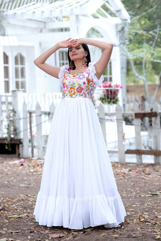Party Wear White Color Embroidered work Gown Clothsvilla
